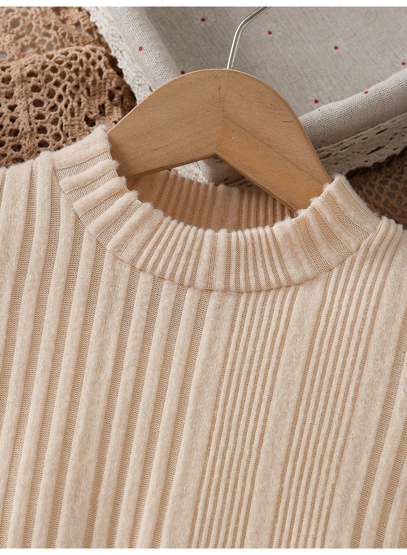 Smarties AE Girls Boutique Outfit Set, Beige Ribbed Knit Sweater with Puff Sleeves and Brown Faux Leather Skirt with Pearl Bow Detail, 3 Piece Long Sleeve Set - Image 4